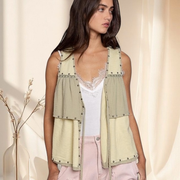 POL Tops - POL Matcha Green Distressed Utility Vest | Boho Grommet Fringe Details Top